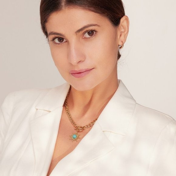 NEW 18K Gold Plated Turquoise Sun Circle Toggle Bar Link Chain Necklace - Picture 2 of 8